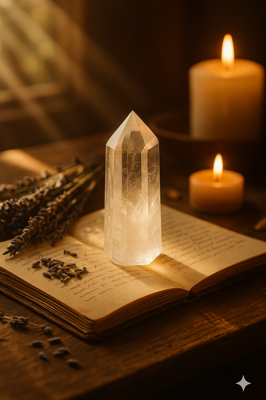 A clear quartz point sits atop of a book with dried lavender around, two candles softly burn in the background as light filters in through a window.