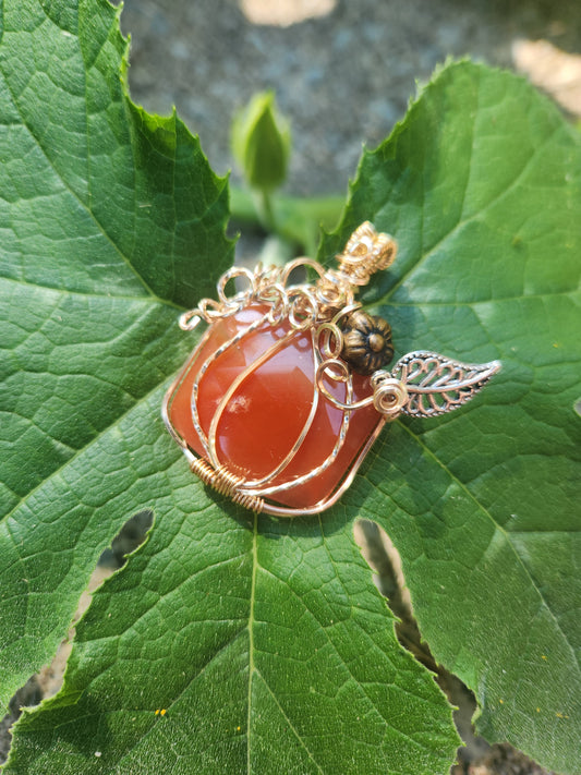 Harvest Charm Pendant – Square Orange Onyx Pumpkin Wrapped in Gold