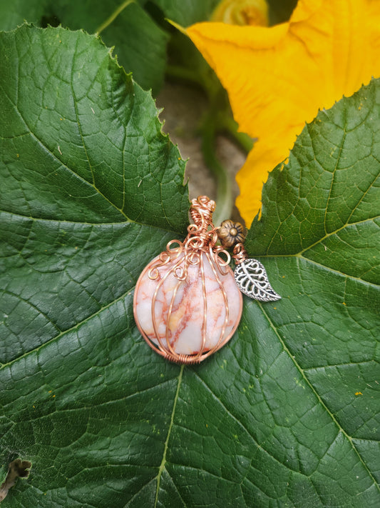 White Blood Pumpkin Pendant – Jasper Wrapped in Copper with Silver Leaf Charm