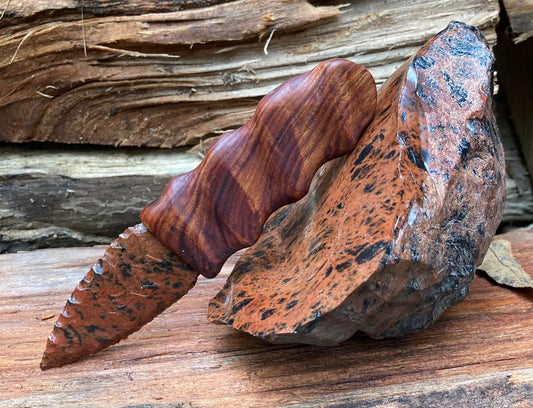 Mahogany Obsidian Flintknapped Blade with Hand-Carved Ergonomic Handle